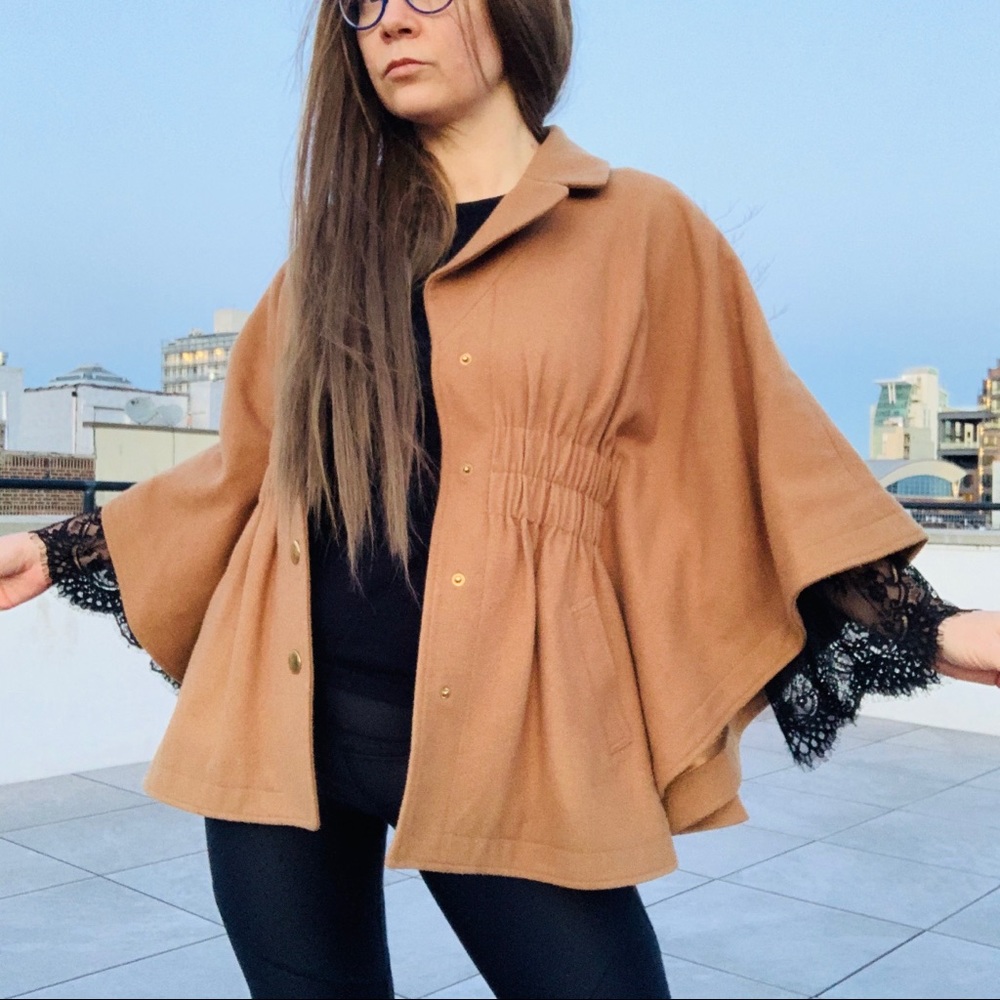 Aqua Camel Wool Bat Wing Ruffled Pea Coat Poncho - Picture 2 of 16